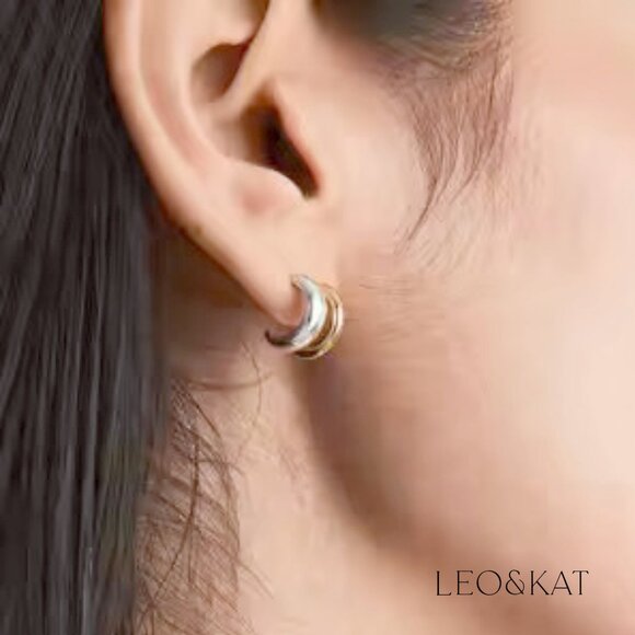 2 Tone Double Half Hoops Earrings. 925 Sterling Silver. #1131 - Picture 2 of 4